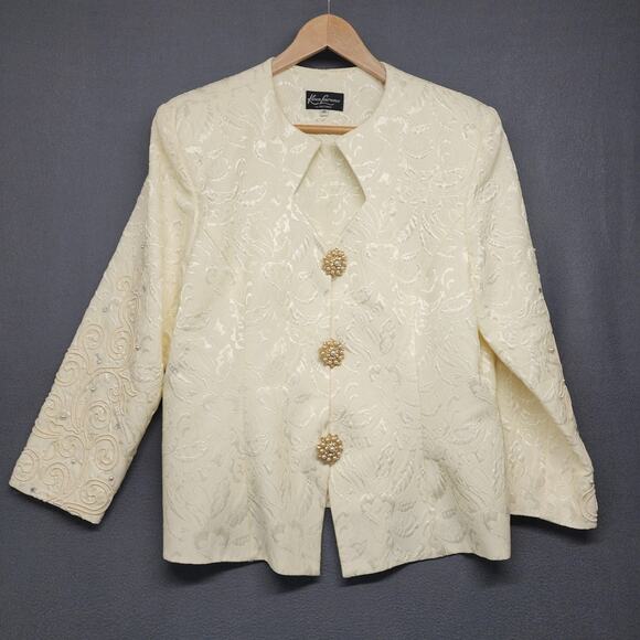 Karen Lawrence by Matthew Brocade Evening Jacket Womens 16 Ivory Beaded Pearl - Picture 1 of 9